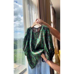 绿DY2561樱美嘉100桑蚕丝真丝香云纱减龄复古高级感灯笼袖 显瘦