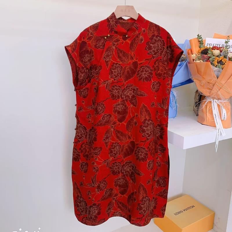 DY2187新中式桑蚕丝真丝香云纱连衣裙女袍子桑蚕丝国风盘扣中长裙