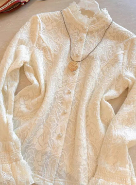 DY3327樱美嘉 仙仙打底! 新中式立体浮雕拼蕾丝下摆立领上衣衬衫