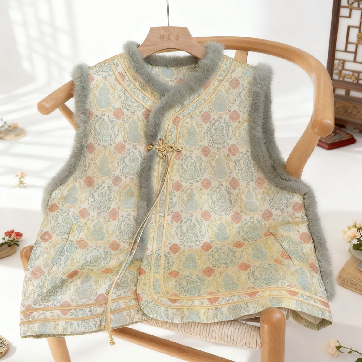 11DY3305樱美嘉100桑蚕丝宋锦水貂毛冬季新款马甲坎肩新中式国风