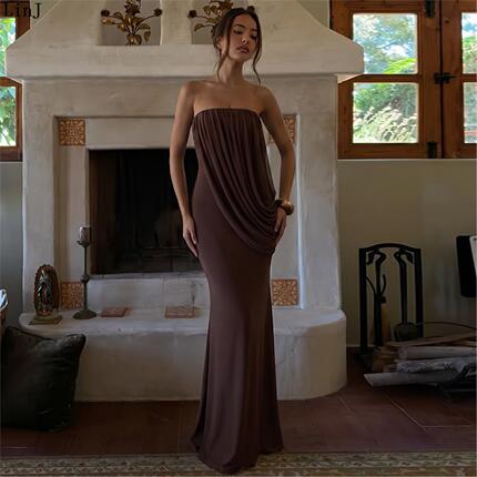Linj European and American 2026 Women's Sexy Tube Top Patchwork Pleated Slim Long Dress