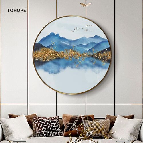 新中式玄关装饰画水墨江山圆形晶瓷画高级感客厅沙发背景墙挂画