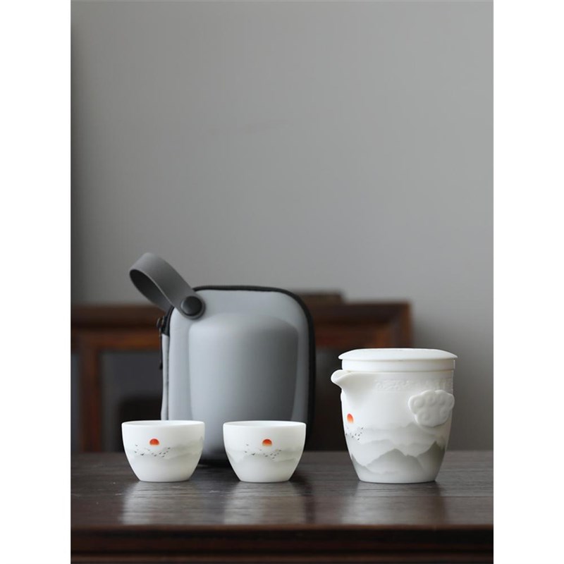 羊脂玉瓷快客杯一壶二杯户外便携式旅行茶具套装随身泡茶壶收纳包