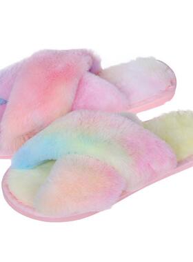 Women Warm Fluffy Slippers Cozy Faux Fur Cross Indoor Slides
