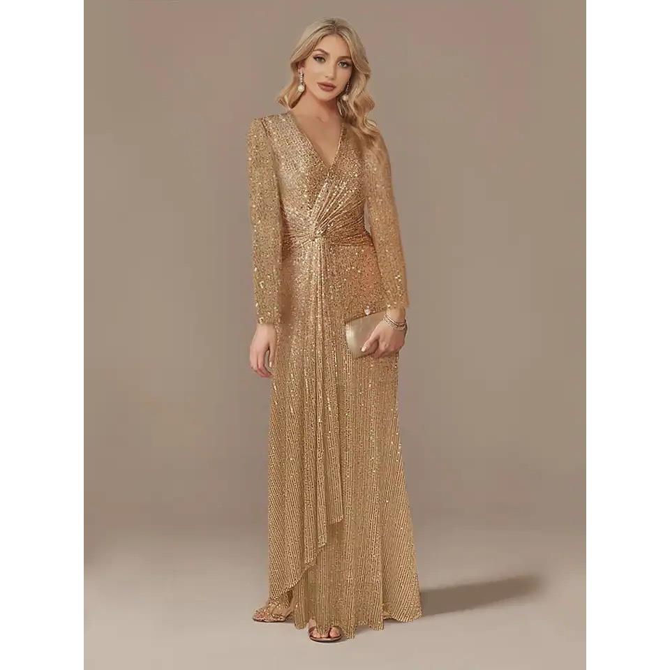 V-Neck Evening Dress Wedding Party Sequins Prom Dresses