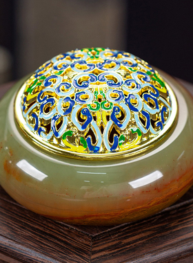 石诚记天然玉石香炉铜盖禅意家用室内盘香檀香插香座中式茶道摆件