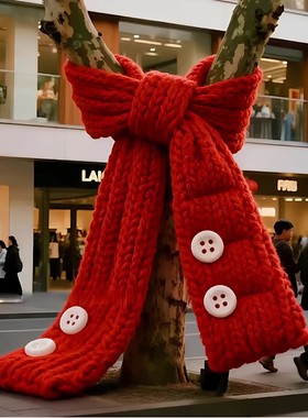 红色大树蝴蝶结针织围巾装饰圣诞节保暖毛线围脖节日装扮商业街