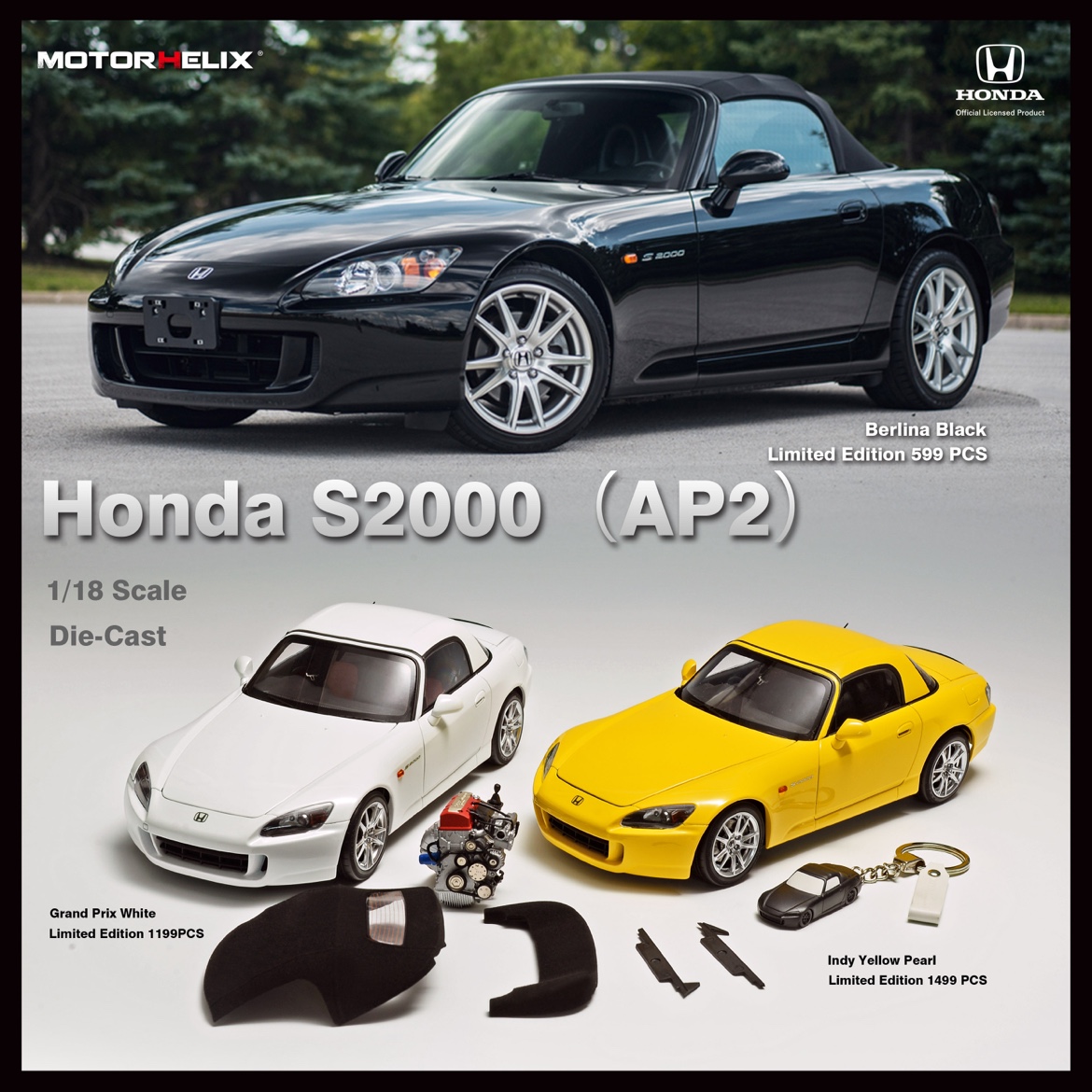 MH 1:18本田 Honda S2000(AP2)送发动机钥匙扣合金全开汽车模型-封面