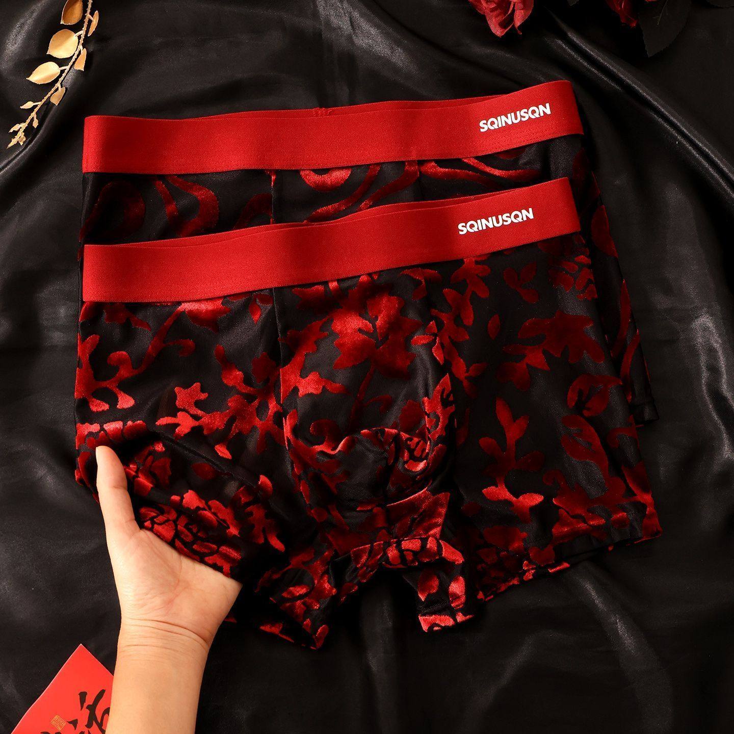 2026新款男士酒红丝绒内裤打底抑菌裆中腰结婚喜庆马年鸿运平角裤,女士内衣/男士内衣/家居服,男平角内裤,淘宝优惠券,粉丝福利购,淘宝优惠卷