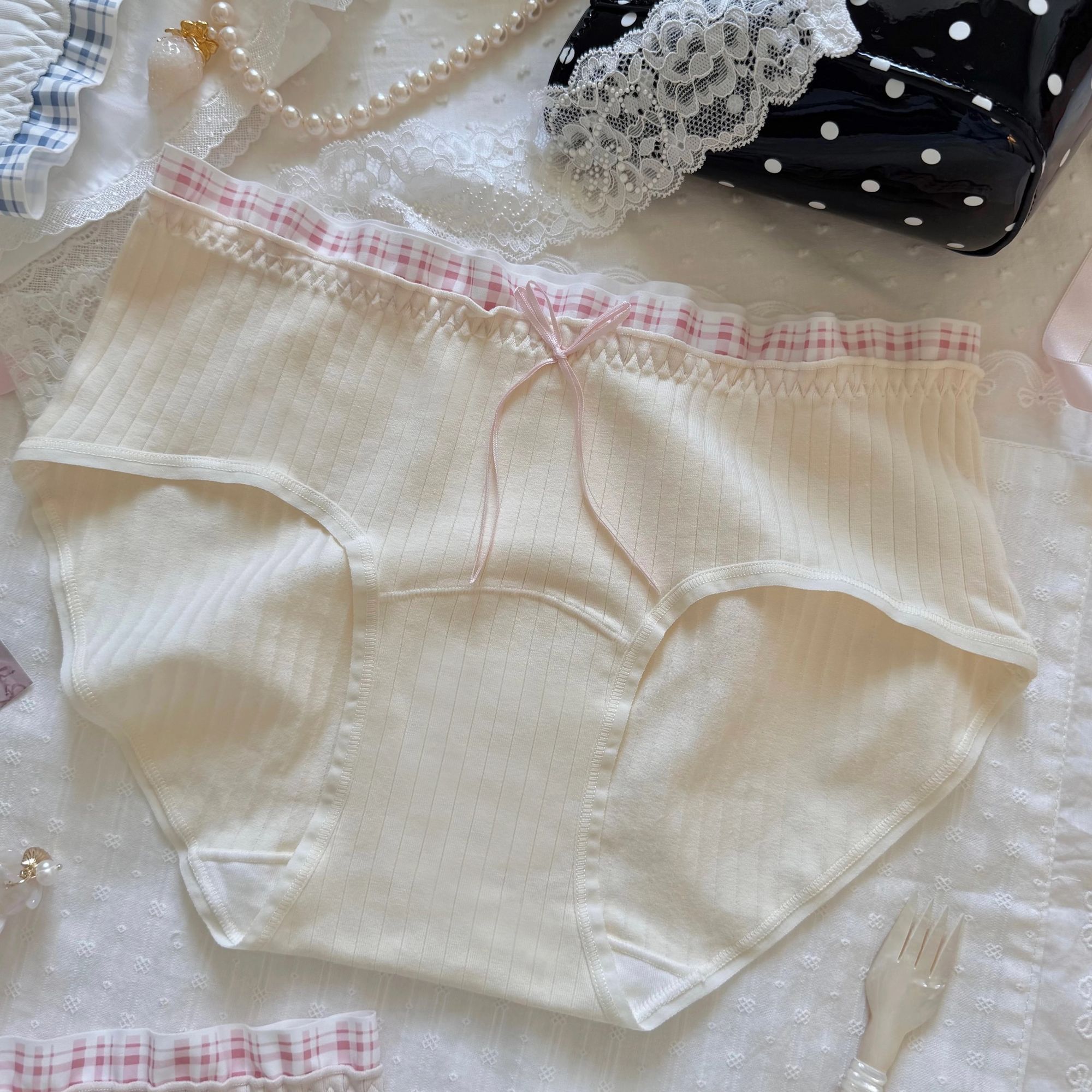 三角裤奶油格子加长内裤女生纯棉