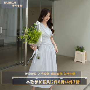 短袖 天丝连衣裙女夏优雅气质轻奢感莱塞尔V领大摆裙a字收腰长裙