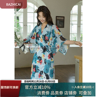 度假女神长裙 又簿又轻又复古2068蓝色V领雪纺连衣裙冰凉海滩裙