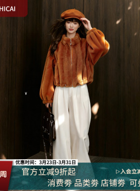 雪山5201丨仿獭兔龙猫色渐变环保皮草外套女年轻气质短款皮毛一体