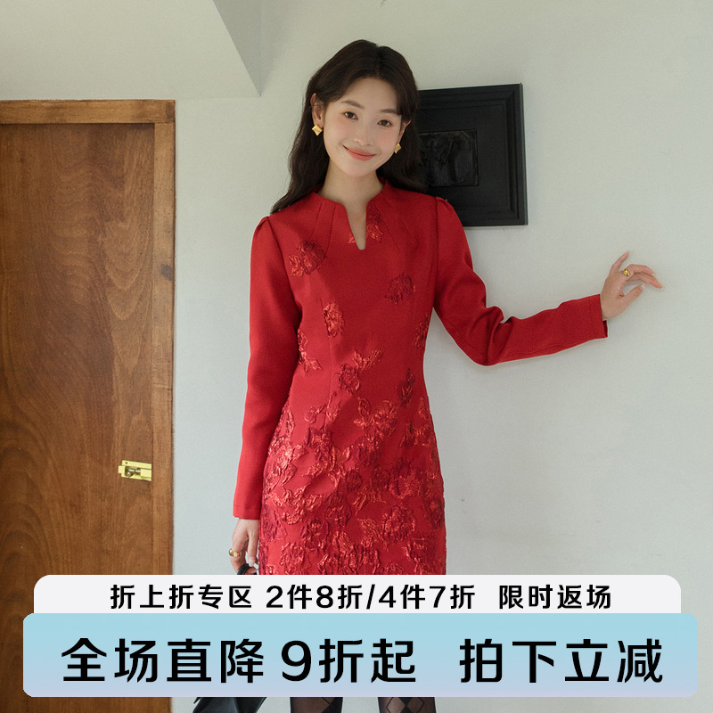 旗袍显瘦时尚提花显瘦红色连衣裙