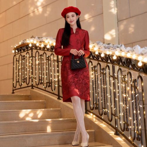 旗袍显瘦时尚提花显瘦红色连衣裙