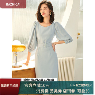 泡泡袖 方领赫本风冰沙淡蓝连衣裙透气轻奢感冷淡风名媛裙 减龄法式