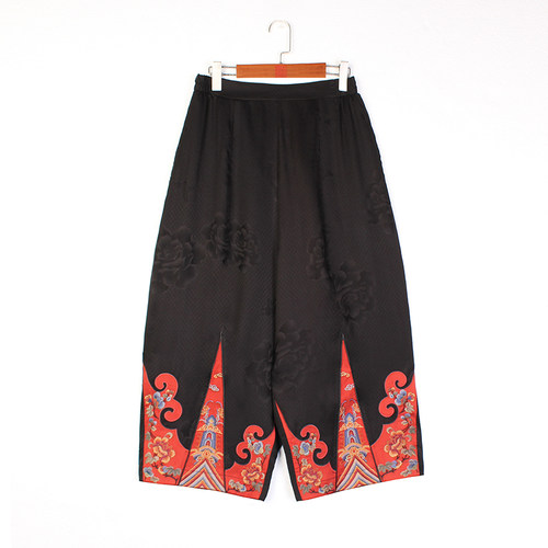 【赤焰】复古新中式100%桑蚕丝香云纱松紧腰宽松绣花女士裤子