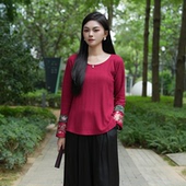 口宽松显气质女士上装 女民族风刺绣袖 素雅 复古风针织衫