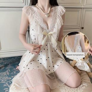 性感诱惑低胸睡衣深V火辣露背纯欲网纱冰丝吊带裙套