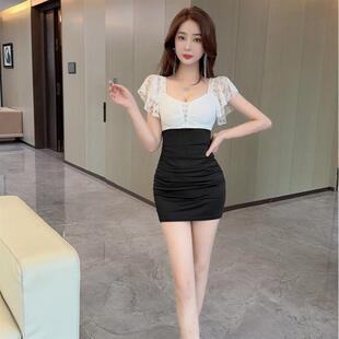 性感蕾丝拼接撞色包臀连衣裙夜场店足浴按摩技师工作服夜场衣服女