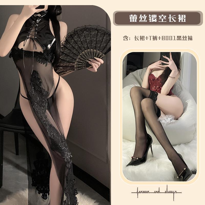 恶魔大人漆皮透视露背情趣睡衣性感古风绑带御姐旗袍角色扮演制服