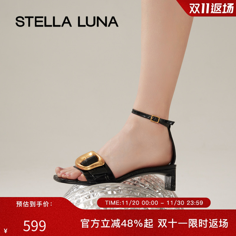 时髦大方头中粗跟凉鞋