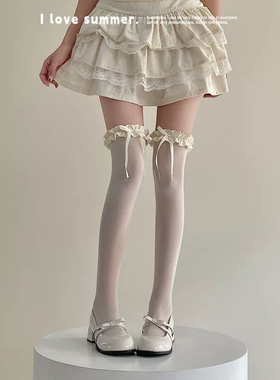 lolita白丝过膝袜女蝴蝶结蕾丝袜子春秋洛丽塔花边黑色奶白大腿袜