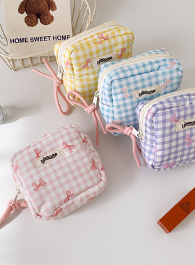 Hisocute方形格子化妆品收纳包零钱包小号便携收纳包耳机口红包女