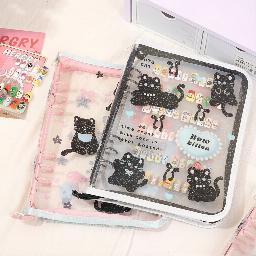 小猫拉链美甲防尘收纳册卡通A5穿戴甲甲片收藏册美甲打板展示册