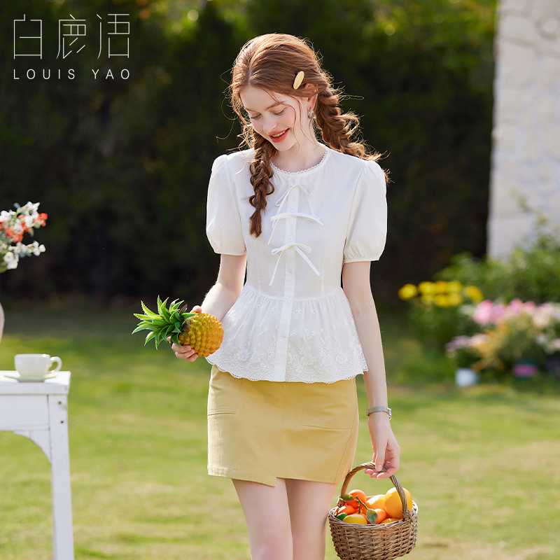 白鹿语温柔风蝴蝶结花边衬衫