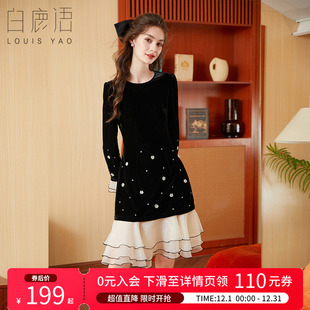 小黑裙 设计感名媛风修身 白鹿语法式 复古丝绒钉珠连衣裙25秋新款