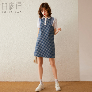 白鹿语棋盘格牛仔拼接女裙夏季新款时尚小翻领宽松休闲短袖连衣裙