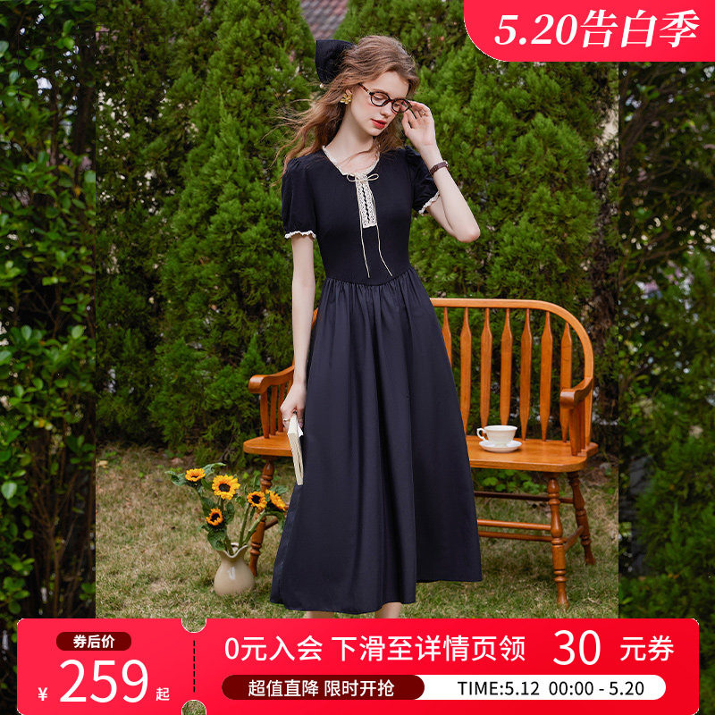 白鹿语法式撞色拼接小黑裙夏款收腰修身木耳边女式连衣裙