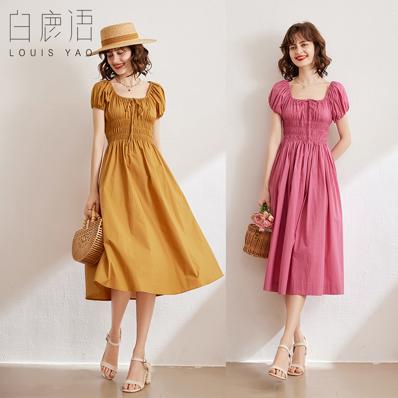 白鹿语系带蝴蝶结打揽修身裙2025年夏季款方领泡泡袖长款连衣裙,女装/女士精品,连衣裙,淘宝优惠券,粉丝福利购,淘宝优惠卷