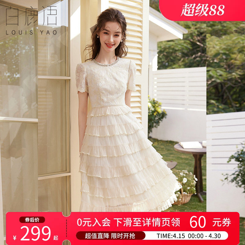 白鹿语法式千金风蕾丝蛋糕裙连衣裙26夏新款修身显瘦公主裙长裙