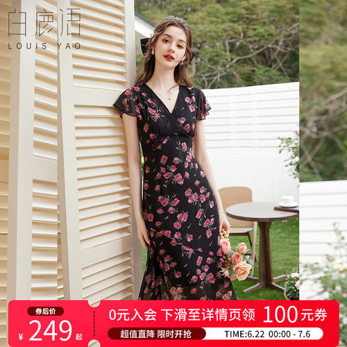 白鹿语夏季复古撞色碎花连衣裙