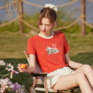 撞色圆领显瘦短袖 新款 上衣女 复古怀旧风印花T恤25夏季 白鹿语美式