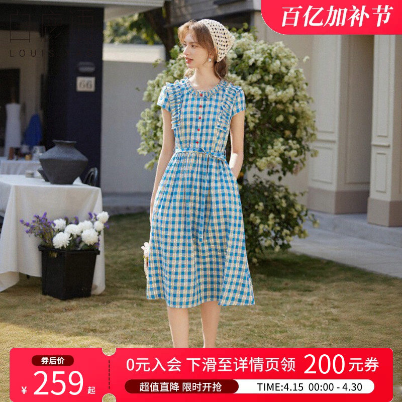 白鹿语度假风格子木耳边设计感长裙夏清新甜美复古收腰连衣裙