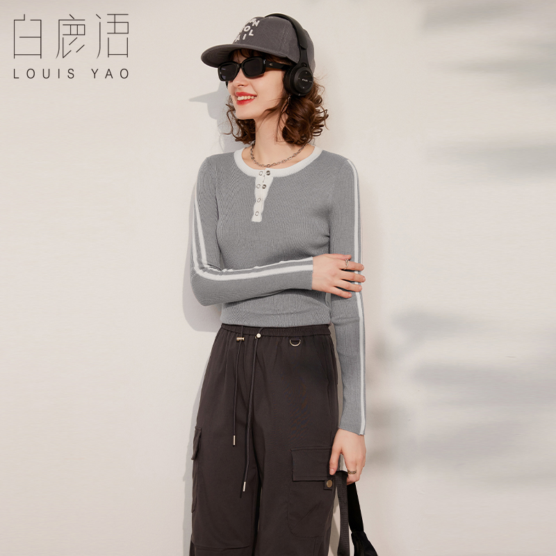 白鹿语圆领套头撞色长袖针织衫