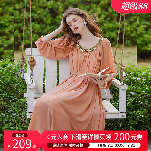 白鹿语亮片复古浪漫长裙