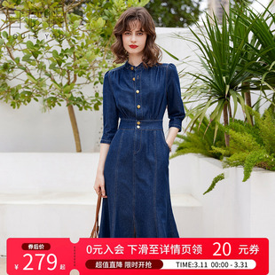 白鹿语立体小翻领鱼尾摆长裙春秋款复古质感七分袖牛仔修身连衣裙