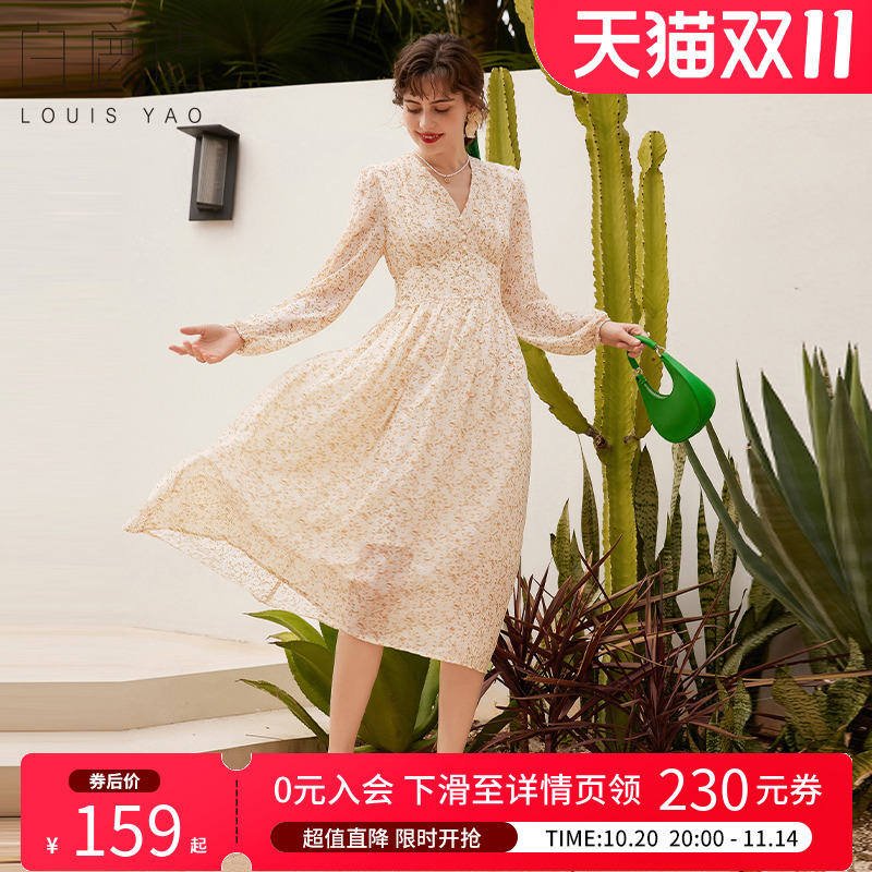 白鹿语甜美减龄雪纺碎花裙春秋气质V领仙女裙休闲长袖长裙连衣裙