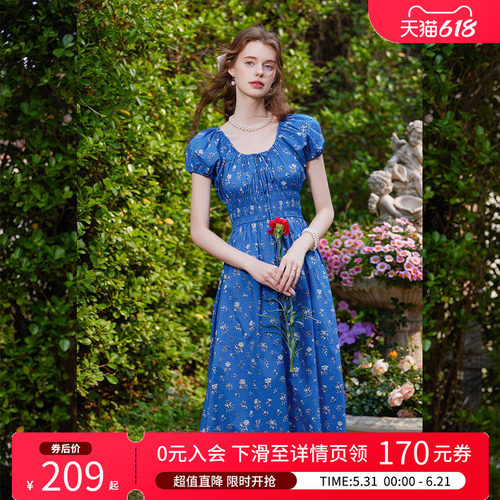 白鹿语法式度假风蓝色碎花长裙