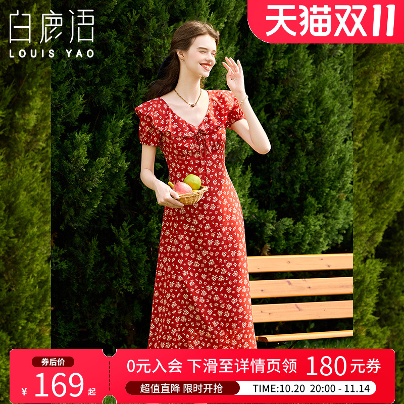 白鹿语法式复古女人味碎花裙25夏新款荷叶边V领收腰显瘦女连衣裙