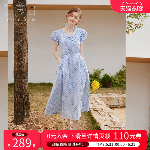 白鹿语法式复古波点收腰连衣裙