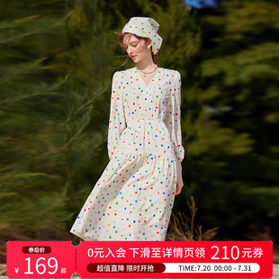 新款 白鹿语V领彩色波点连衣裙2025春季 清透感甜美显瘦收腰连衣裙