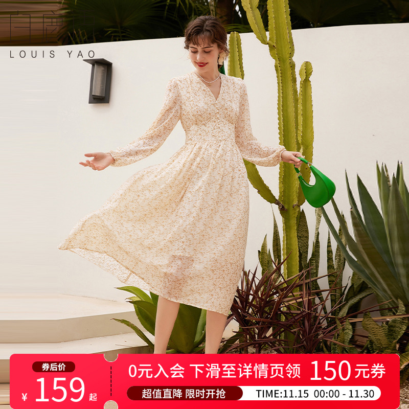 白鹿语甜美减龄雪纺碎花裙春秋气质V领仙女裙休闲长袖长裙连衣裙