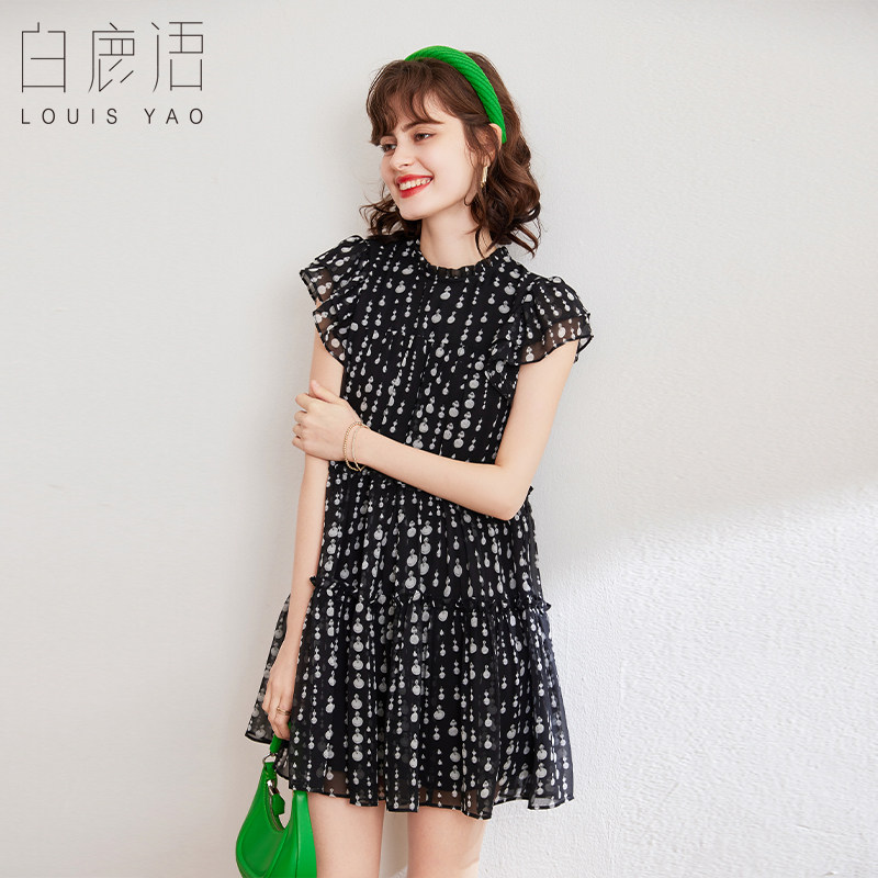 白鹿语木耳边圆领飞飞袖印花裙2025夏季新款甜美荷叶边拼接连衣裙