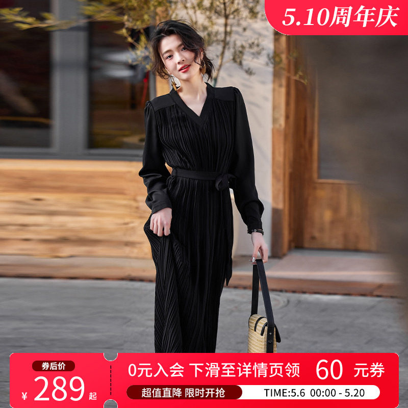 白鹿语高级感OL风西装长裙2025春款通勤优雅正式腰带收腰连衣裙