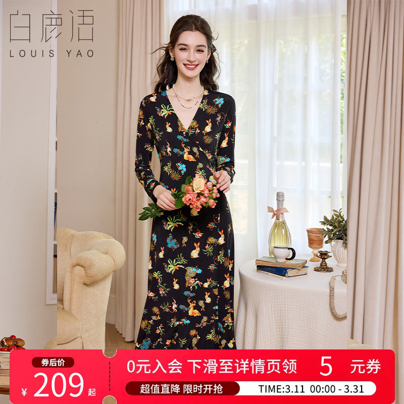 白鹿语 高级设计感收腰修身印花裙女 2026春夏秋圆领泡泡袖连衣